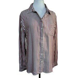 Beachlunchlounge Alanna Striped Button Down LS Shirt Cabaret Red White Sz L NEW
